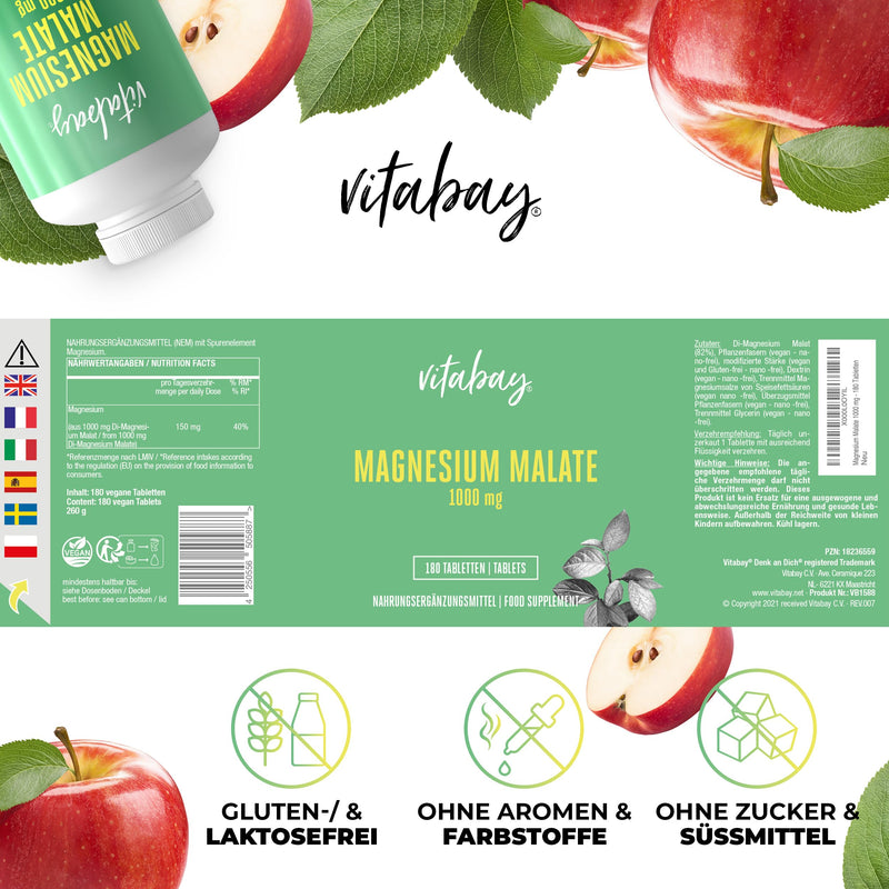 Vitabay Magnesium Malate Tablets VEGAN & LABORATORY TESTED - 180 pieces each 1000 mg magnesium malate (150 mg elemental) - high-dose magnesium capsules - high-dose magnesium malate tablets high-dose 180 pieces (pack of 1) - NewNest Australia