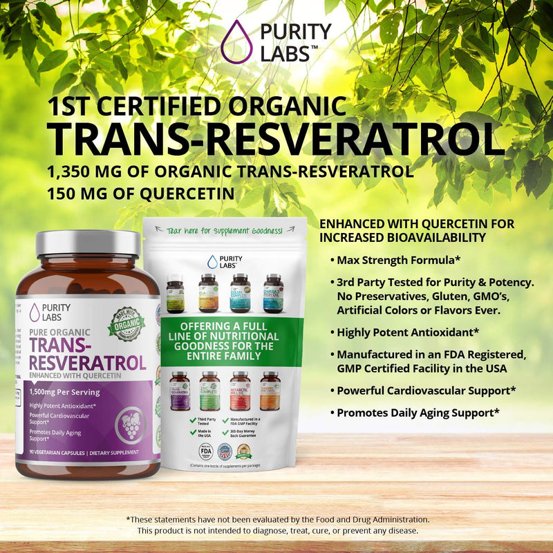 Organic Trans-Resveratrol Enhanced with Quercetin - 1,500MG Highest Potency Available in Vegetable Capsule - Powerful Support for CV System, Bones, Hair, Skin Nails - 90 caps - NewNest Australia