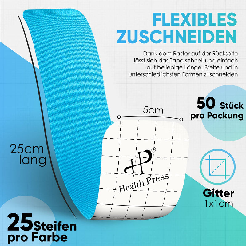 Health Press Kinesiology Tapes - 50 Kinesiology Tape Stripes Precut Blue + Black (25 Cm X 5 Cm) Kinesiology Tape - Professional Physio Tape And Sports Tape - Skin-Friendly Tapes Dermatest: Very Good - NewNest Australia