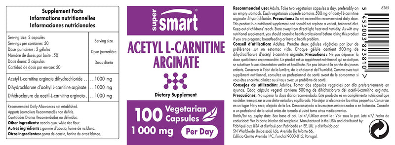 Supersmart - Acetyl L Carnitine Arginate 1000 mg per serving - Amino Acids - Brain Food | Non-GMO & Gluten Free - 120 Vegetarian Capsules - NewNest Australia