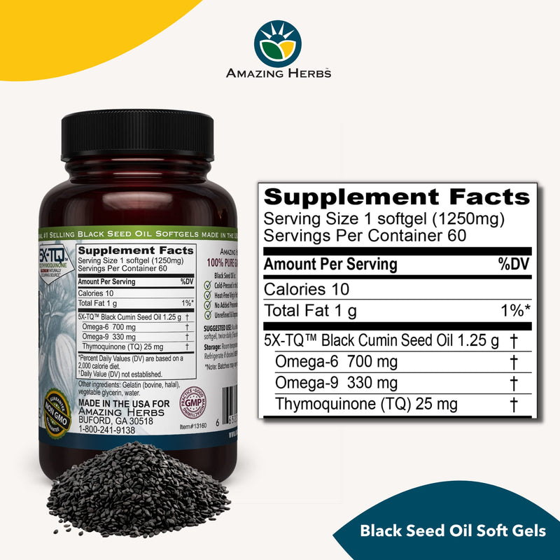 Amazing Herbs Premium Black Seed Oil Capsules - High Potency, Cold Pressed Nigella Sativa Aids in Digestive Health, Immune Support & Brain Function - 60 Count, 1250mg 60 Count (Pack of 1) - NewNest Australia