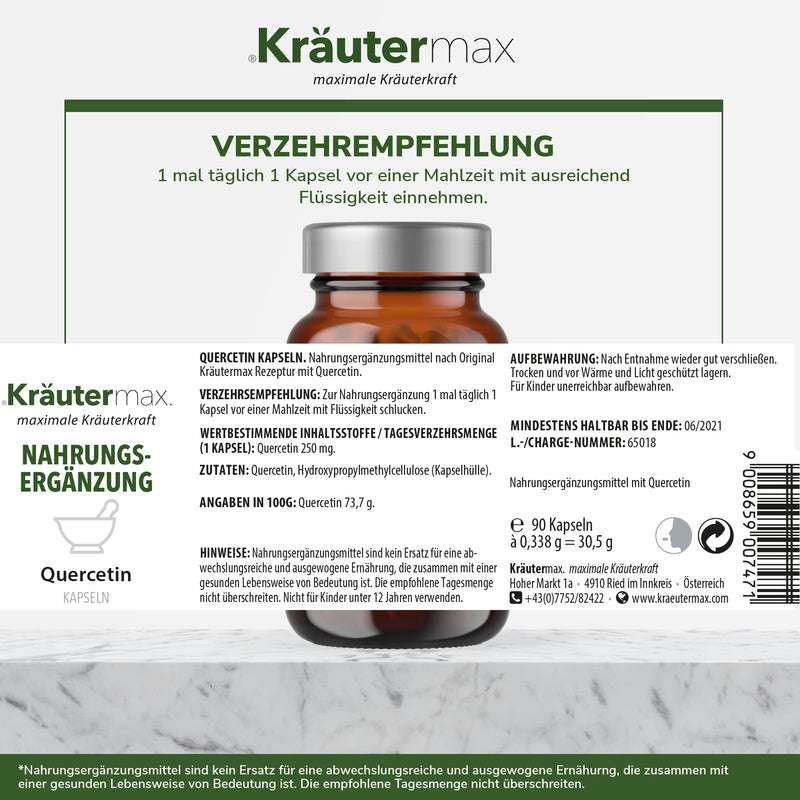NEW! Quercetin high-dose powder capsules 250 mg - Japanese cord tree - vegan & natural according to Kräutermax style - without additives - premium quality produced in small series | 1 x 90 pieces - NewNest Australia