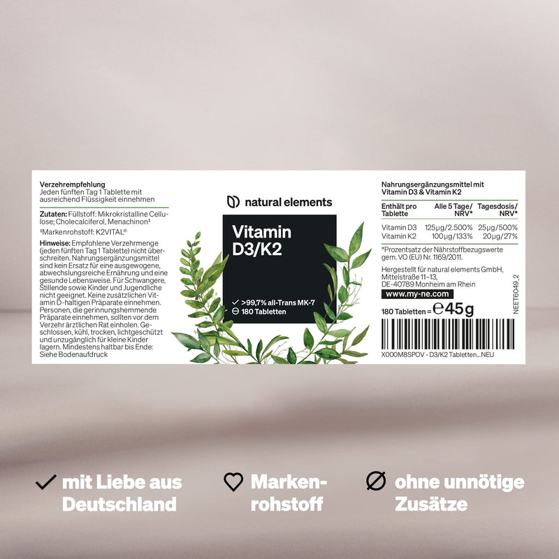 Vitamin D3 + K2 Depot, 180 Tablets, Premium: 99.7+% All Trans MK7 (K2VITAL® by Kappa) + 5,000 IU Vitamin D3, High Dose and Made in Germany - NewNest Australia
