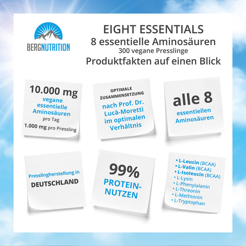 Berg Nutrition Eight Essentials, 300 Vegan Pellets With 8 Essential Amino Acids According To Prof. Dr. Luc√† Moretti For Optimized Protein Supply, Amino Acids Tablets Complex High Dose Eaa - NewNest Australia