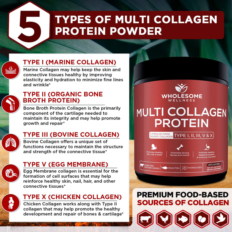 Multi Collagen Protein Powder Hydrolyzed (Type I II III V X) Grass-Fed All-in-One Super Bone Broth + Collagen Peptides - Premium Blend of Grass-Fed Beef, Chicken, Wild Fish, Eggshell Collagen - NewNest Australia