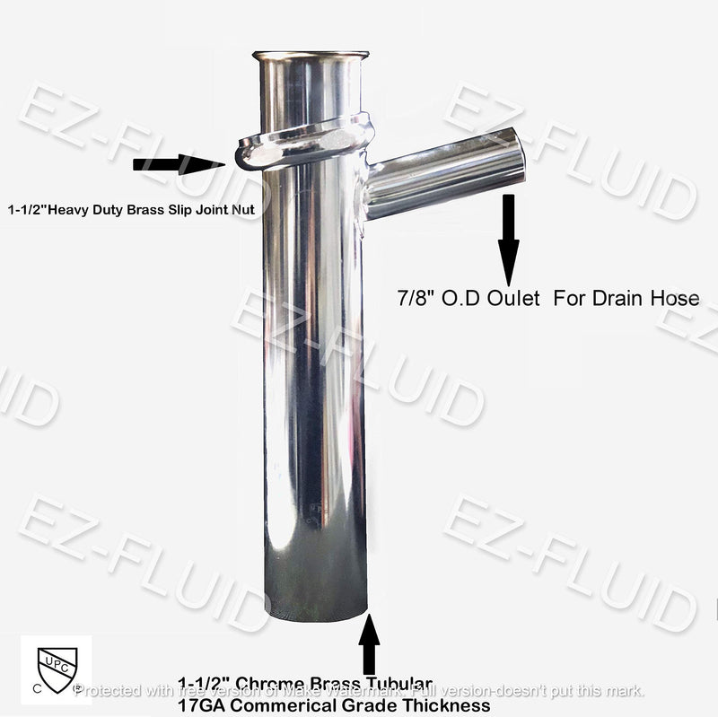 EZ-Fluid Plumbing Heavy Duty 17GA Chrome Brass 1-1/2" X 8" Dishwasher Branch Tailpiece Slip Joint Direct Connect with 7/8" Dishwasher Drain Hose Outlet,Brass Nut,Flanged Sink Drainage Pipe,P-Trap. - NewNest Australia