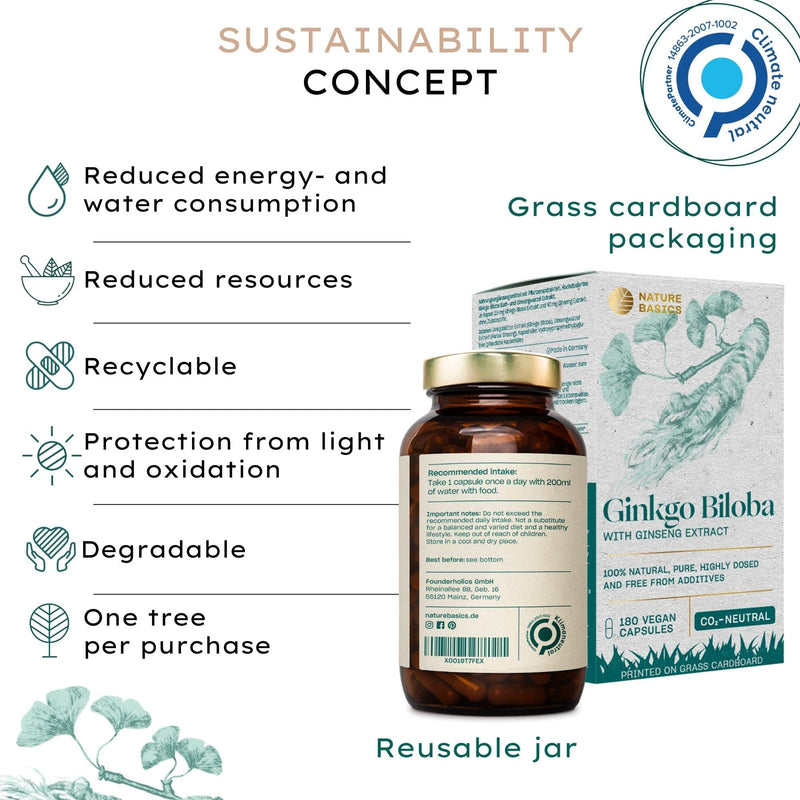 Nature Basics® Natural Ginkgo Biloba Sustainable in Amber jar | CO2 Neutral & additive Free | 180 Vegan Capsules | 115mg Ginkgo Biloba & 40mg Ginseng Extract per Daily dose - NewNest Australia