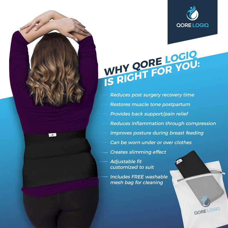 QORE LOGIQ Plus Size Abdominal Binder Post Surgery for larger Men + Women - Postpartum Belly Band - Compression Garment - Hernia Belt For Men + Woman - C Section Belly Binder - Adjustable (Black XL) X-Large Black - NewNest Australia