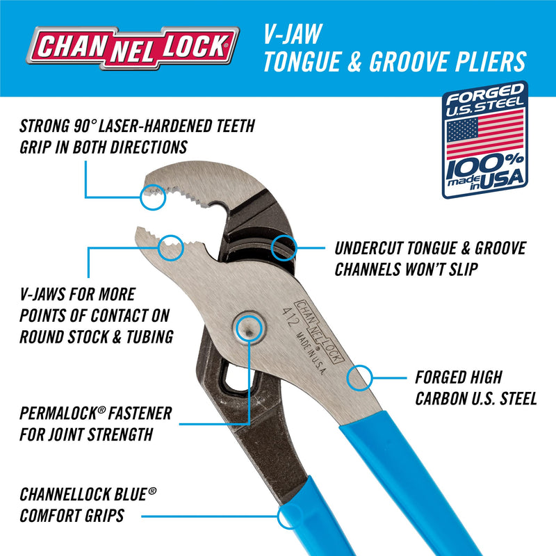 CHANNELLOCK 412 6.5-inch V-Jaw Tongue & Groove Pliers | Made in USA | 0.94-inch Jaw Capacity | Forged High Carbon Steel | More Points of Contact on Round Stock , Polished - NewNest Australia