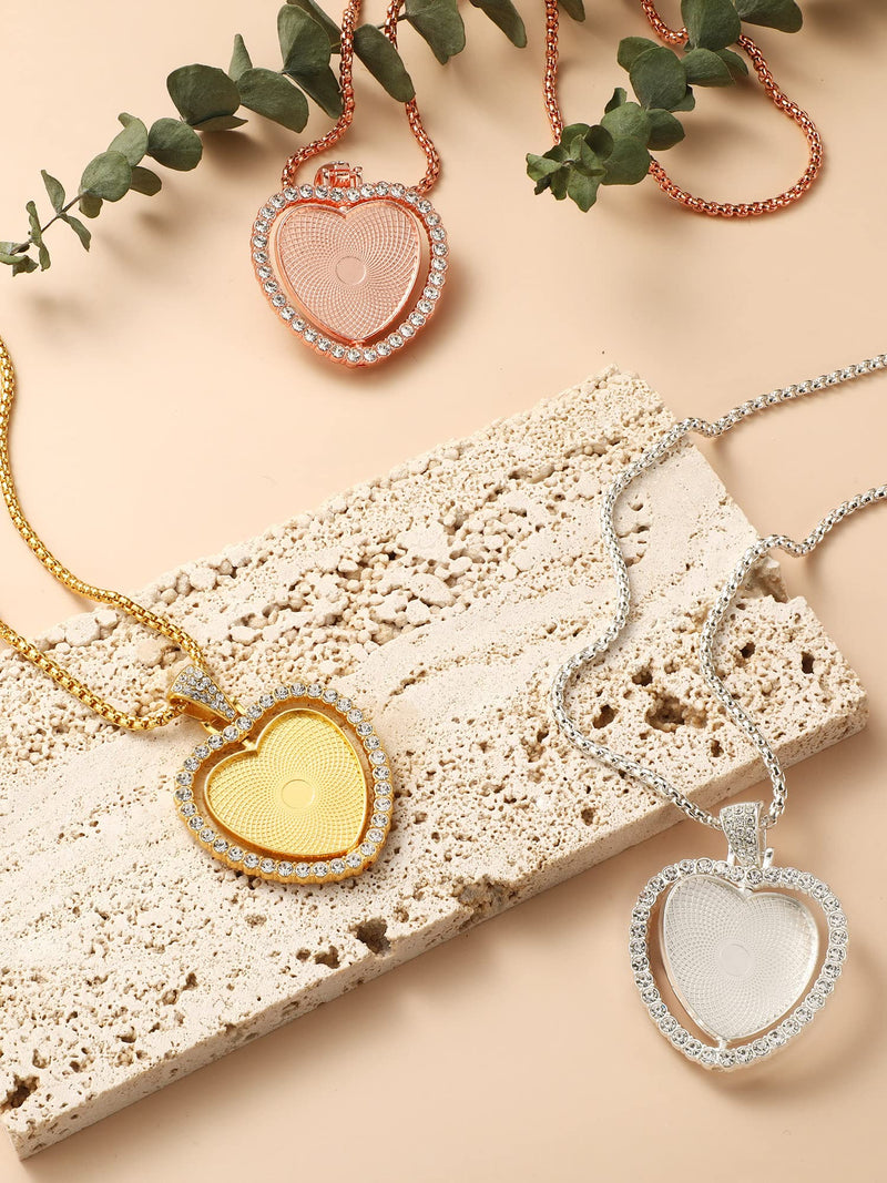 24 Pcs Sublimation Rhinestone Trays Pendant Set, Including 6 Heart Shape Double Sided Blank Rhinestone Bezel Trays, 6 Pcs Thick Chains with 12 Sublimation Discs for Making Gold, Silver, Rose Gold - NewNest Australia