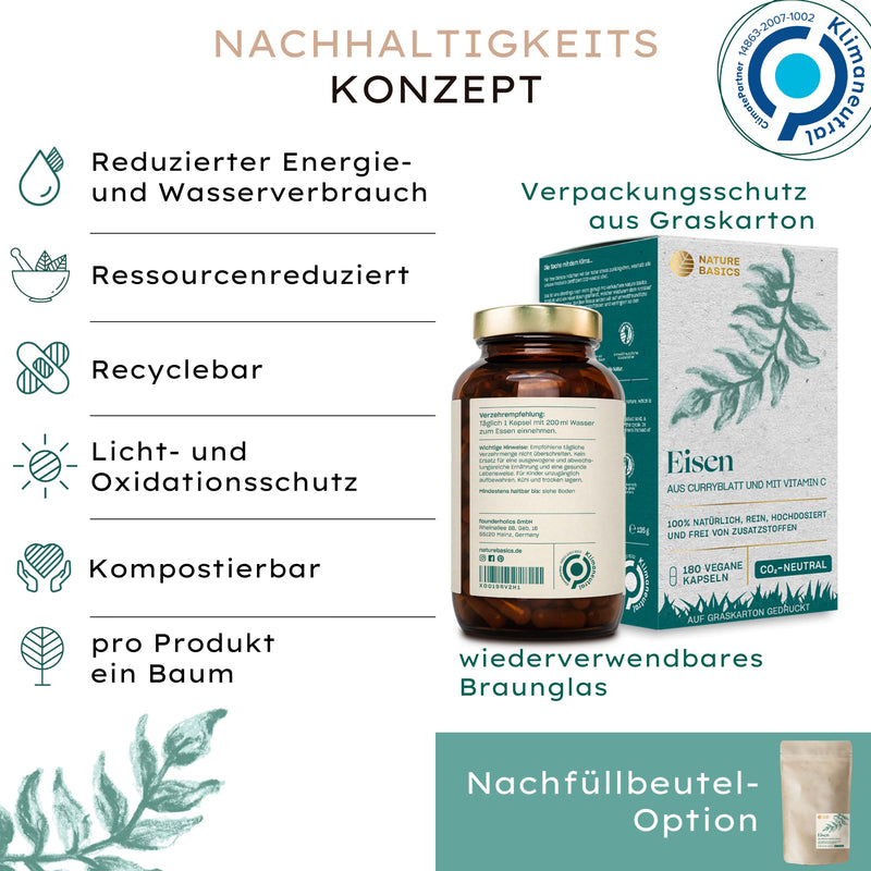 Nature Basics® natural iron certified & sustainable in a glass | 180 capsules high dose | 14mg iron & 80mg vitamin C per capsule | purely from curry leaf & rose hip | without additives & from DE - NewNest Australia