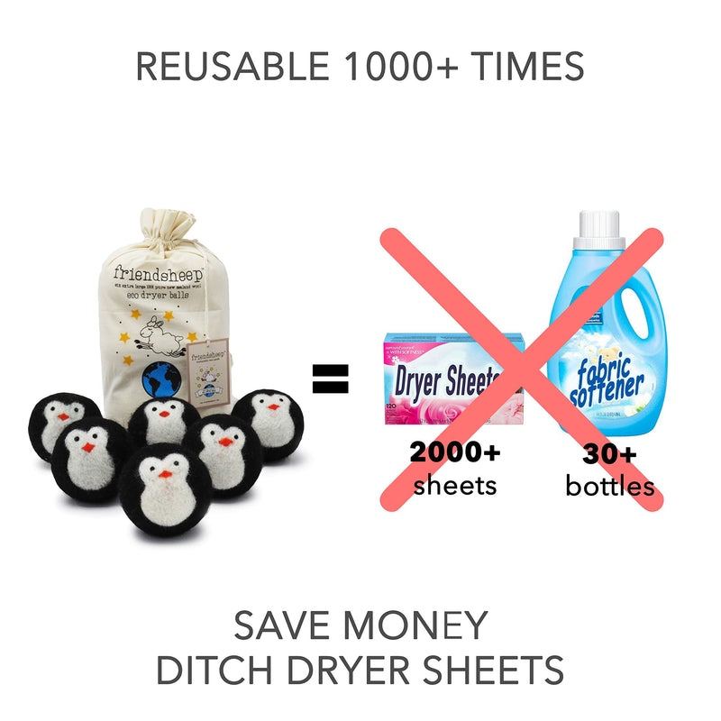 Friendsheep Wool Dryer Balls, Organic Fair Trade Reusable Fabric Softener, Extra Large, 6 Pack, Black Penguin - Cool Friends - NewNest Australia