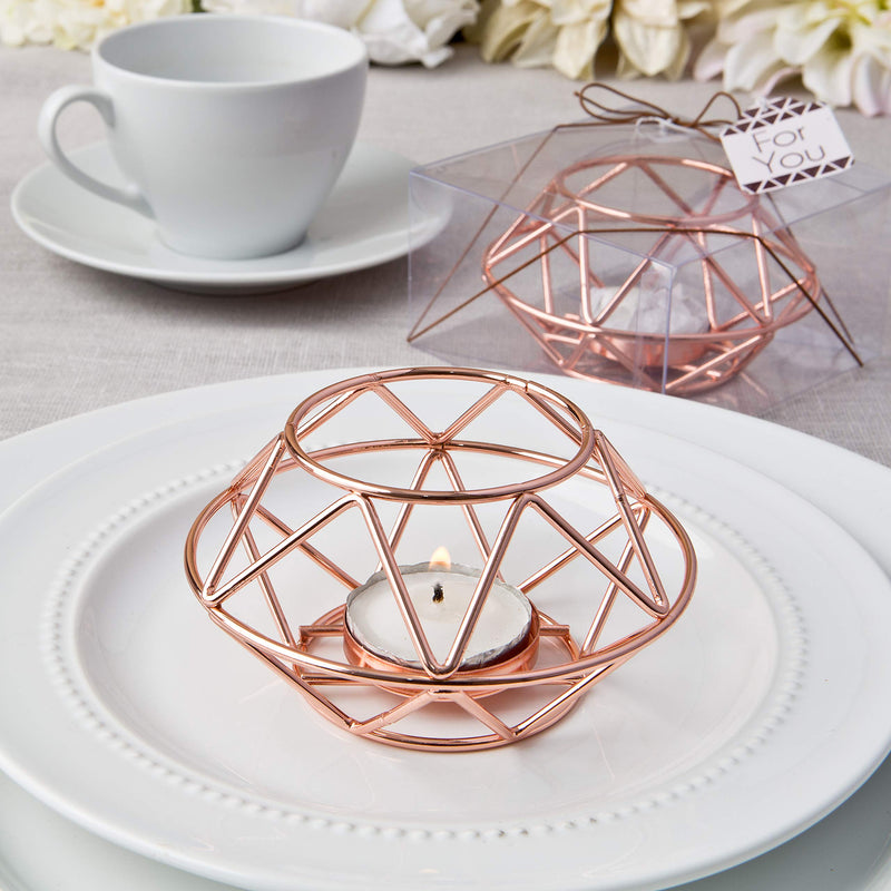 NewNest Australia - FASHIONCRAFT 8742 Geometric Design Rose Gold Metal Tealight Candle Holder, Candle Wedding Favor, Candle Centerpiece, Pack of 2 