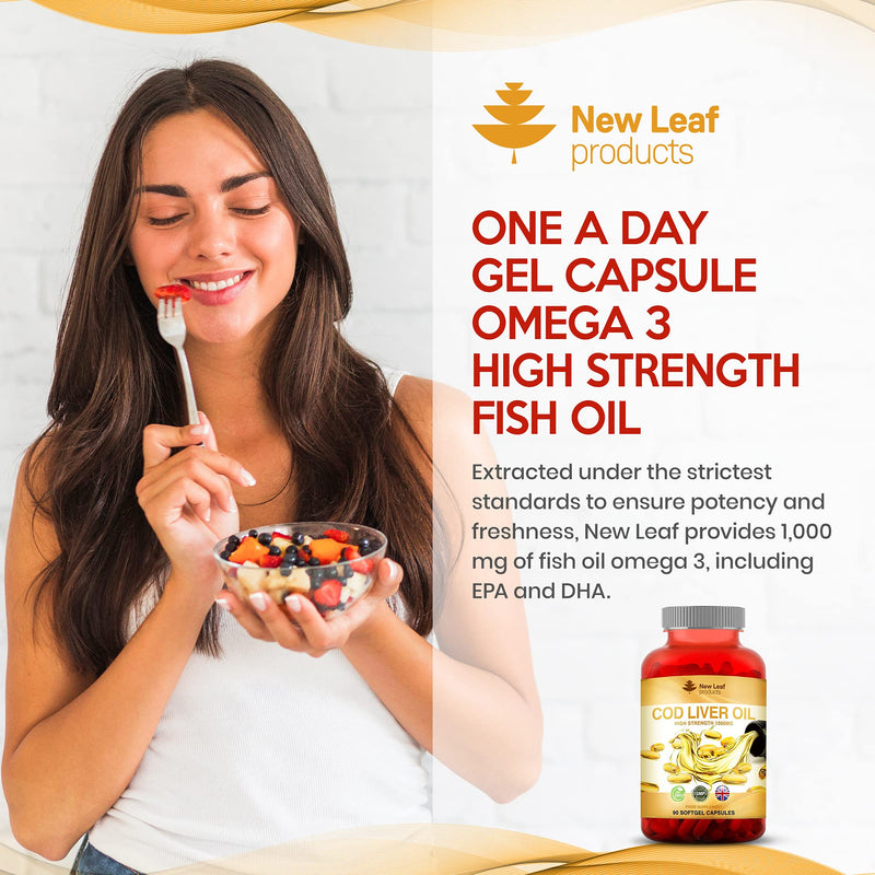 Cod Liver Oil Capsules 1000mg - Rich in Omega 3 EPA DHA Fatty Acids + Vitamins A & D - Helps Maintain Heart & Brain Health - High Strength Fish Oils Gluten-Free, GMP - UK Made, 90 Tablets - NewNest Australia