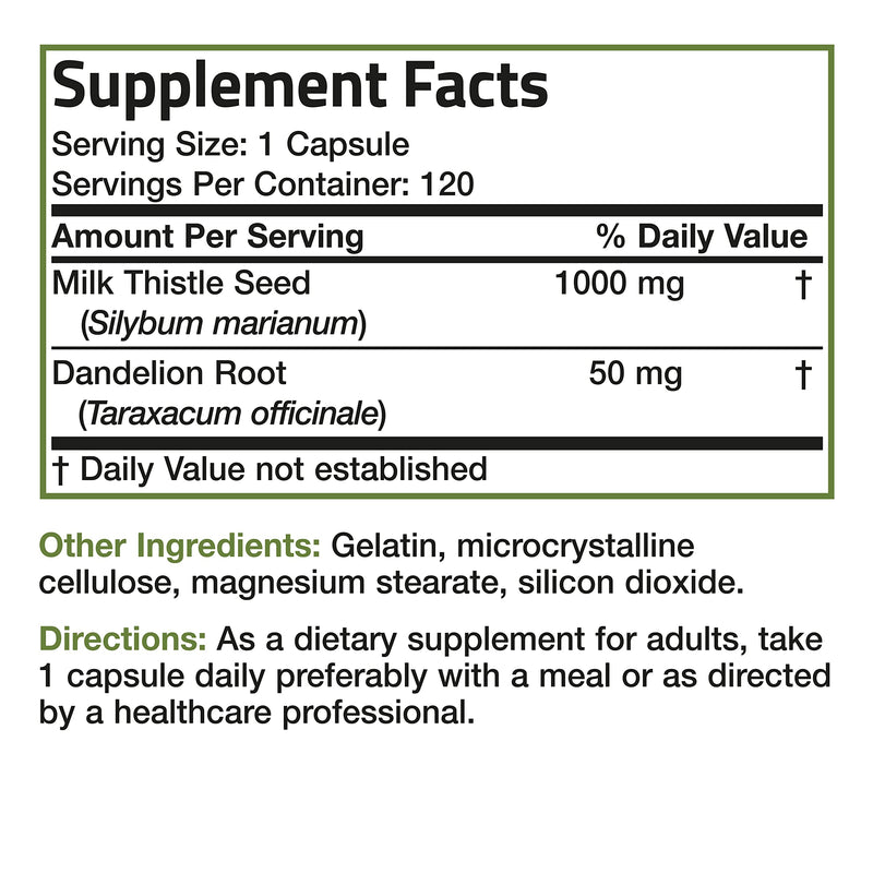 Milk Thistle 1000mg Silymarin Marianum & Dandelion Root Liver Health Support 120 Capsules 120 Count (Pack of 1) - NewNest Australia
