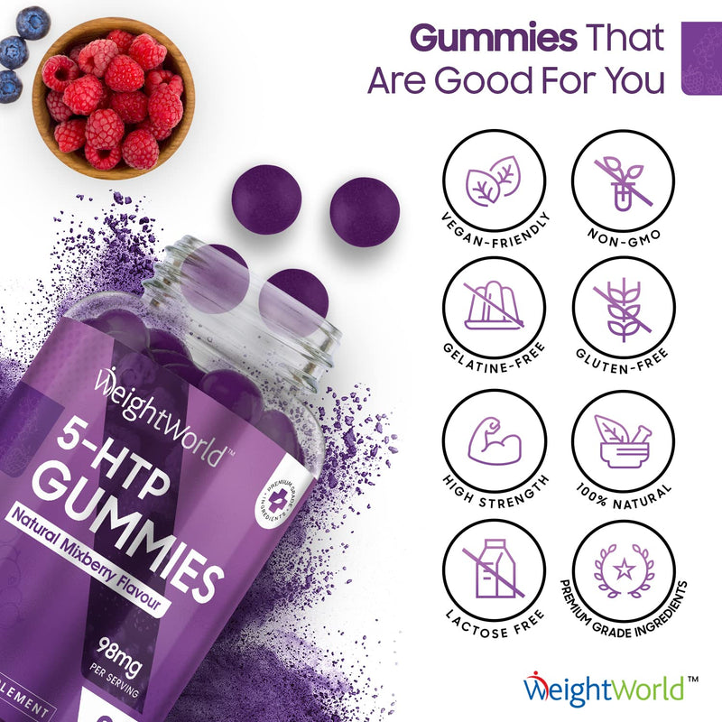 5 HTP Gummies - 98mg Chewable 5 HTP High Strength Sleep Supplement - Pure Griffonia Seed Extract with Lemon Balm - 60 Vegan & Gluten-Free Gummies (1 Month Supply) - Natural Mixberry Flavour - Non-GMO - NewNest Australia