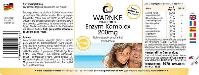 Enzyme Complex Capsules - Bromelain, Papain & Ficin - Vegan - Vegetable Enzymes Plus Acerola & Bioflavonoids - High Dose - 250 Capsules - Bulk Pack Warnke Vital Substances - NewNest Australia
