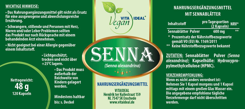 Vita Ideal Vegan Sennes ‚ Leaves 120 Capsules ‚ Senna Alexandrina ‚ Daily Serving 600 Mg Senna Leaves Pure Powder Natural, Vegetable And No Additives, Original From Vitadeal. - NewNest Australia