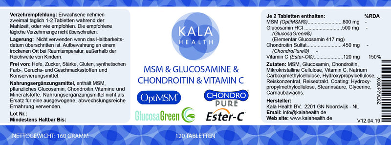 Kala Health 120 Tablets With Optimsm (Methylsulfonylmethane), Glucosagreen (Glucosamine), Chondropure (Chondroitin) And Ester-C (Vitamin C), High Dose, Free From Additives Such As Magnesium Stearate And Silicon Dioxide - NewNest Australia