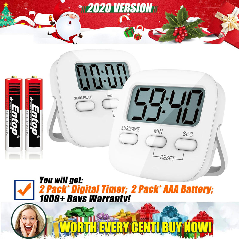 NewNest Australia - Kitchen Timer, 2 Pack Digital Kitchen Timers [ 2020 Version ] Magnetic Countdown Timer with Loud Alarm, Big Digits, Back Stand for Cooking, Classroom, Bathroom, Teachers, Kids - AAA Battery Included 2 Pack Timer W/ Battery- Senior White 