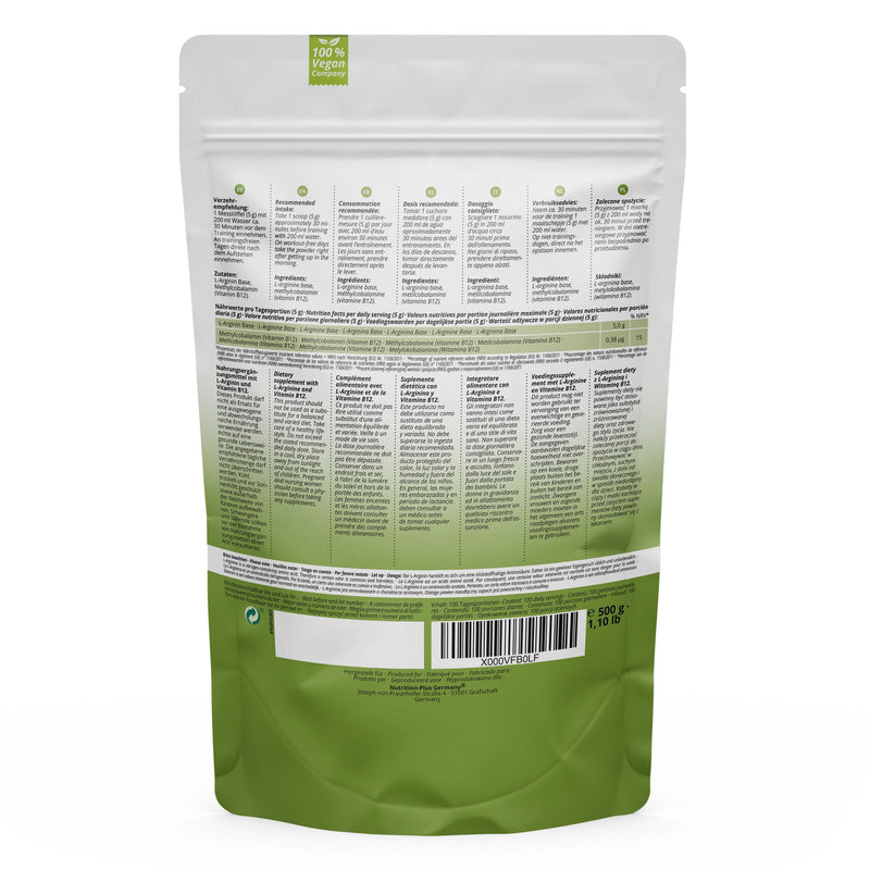 L-Arginine Base Powder 500g - Highest Dosage - Vegetable through Fermentation - Pure L-Arginine Powder - Vegan - Neutral - No Additives - Premium Quality L-Arginine Base 500g (Pack of 1) - NewNest Australia