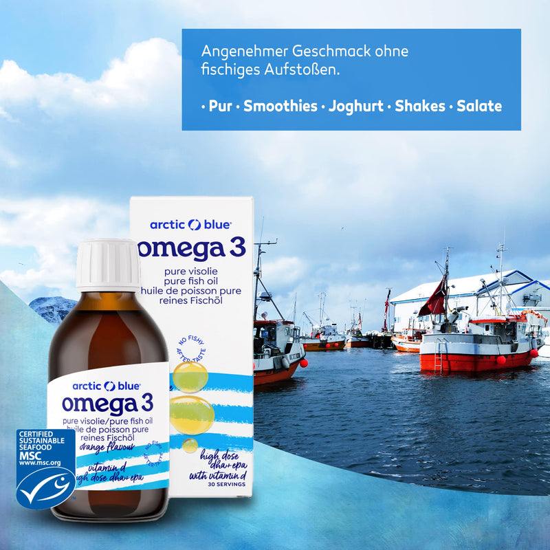 Arctic Blue Omega 3 fish oil - 150 ml liquid - high dose with DHA, EPA and vitamin D - without burping or fishy smell - arctic fish oil - MSC certified - orange flavor - NewNest Australia