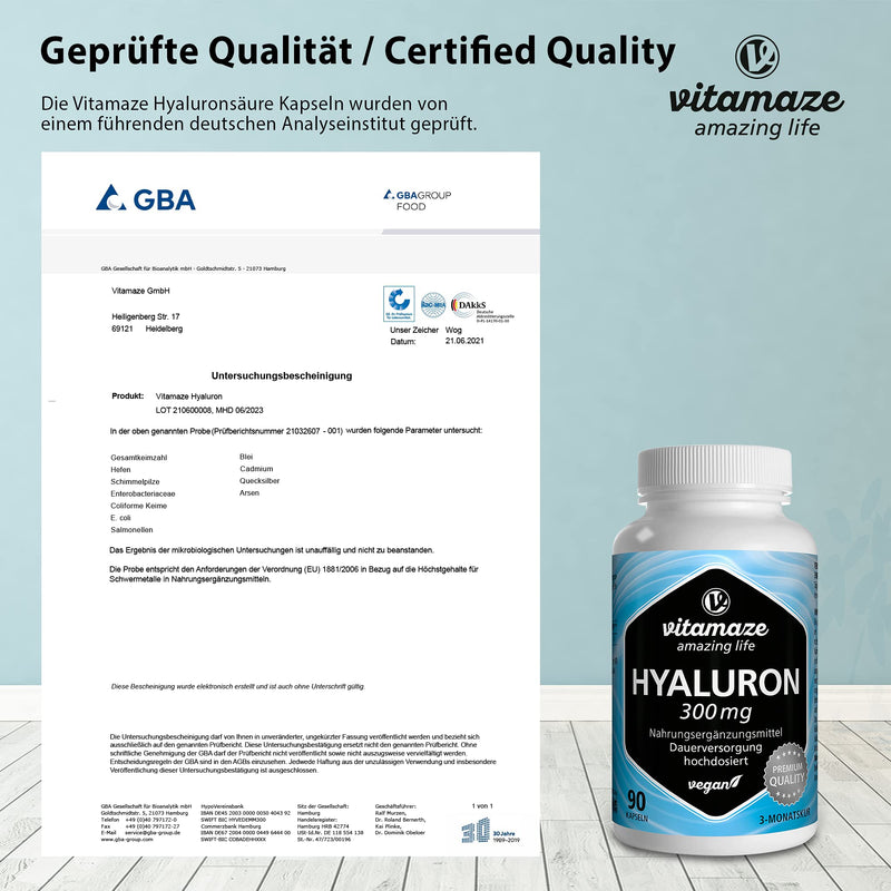 High-dose hyaluronic acid capsules, 300 mg per capsule, vegan, 3 months continuous supply, high bioavailability: low molecular weight 500-700 kDa, nutritional supplement without additives, Made in Germany - NewNest Australia