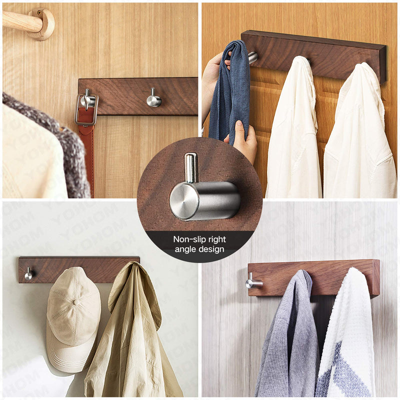 NewNest Australia - YOHOM Adhesive Coat Hooks Rack Wall Mounted Walnut Wood with 3 Hooks Rail Hat Clothes Hanger Towel Robe Hook Washcloth Key Holder Entryway Organizer for Door Bathroom Kitchen Hallway 