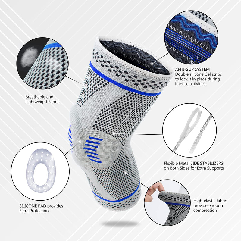 Professional Knee Brace Compression Sleeve - Best Knee Braces for Men Women, Medical Grade Knee Support Protector for Running, Meniscus Tear, Arthritis, Joint Pain Relief, Sports Injury Recovery N2/Grey L - NewNest Australia