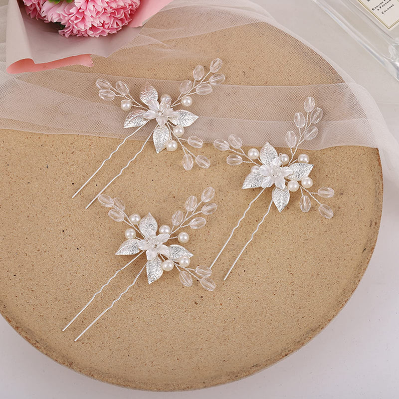 3 PCS Bride Wedding Hair Pins Clips Silver Crystal Leaf Flower Pearls Headpieces Bridal Hair Jewelry Accessories for Women, Girl, Lady, Party Wedding Prom - NewNest Australia
