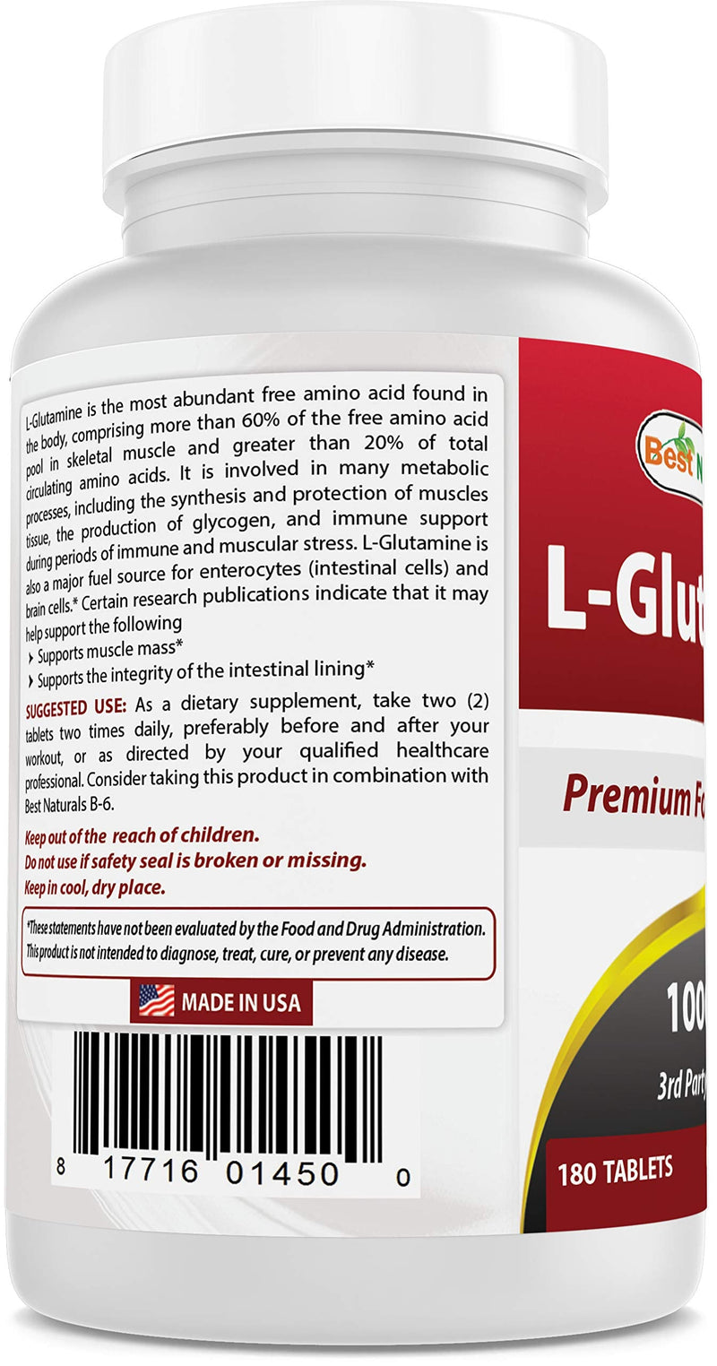 Best Naturals L-Glutamine 1000 mg 180 Tablets - Glutamine Fuel for Workout & Supports Muscle Recovery from Workouts (180 Count (Pack of 1)) 180 Count (Pack of 1) - NewNest Australia