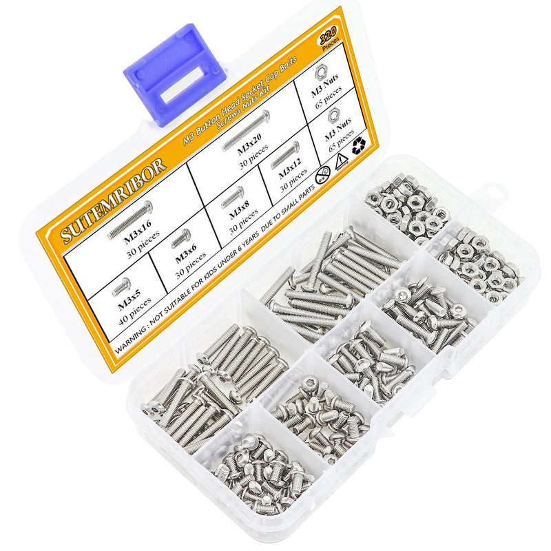 Sutemribor 320 Pieces M3 Stainless Steel Button Head Hex Socket Head Cap Bolts Screws Nuts Assortment Kit + Wrench - NewNest Australia