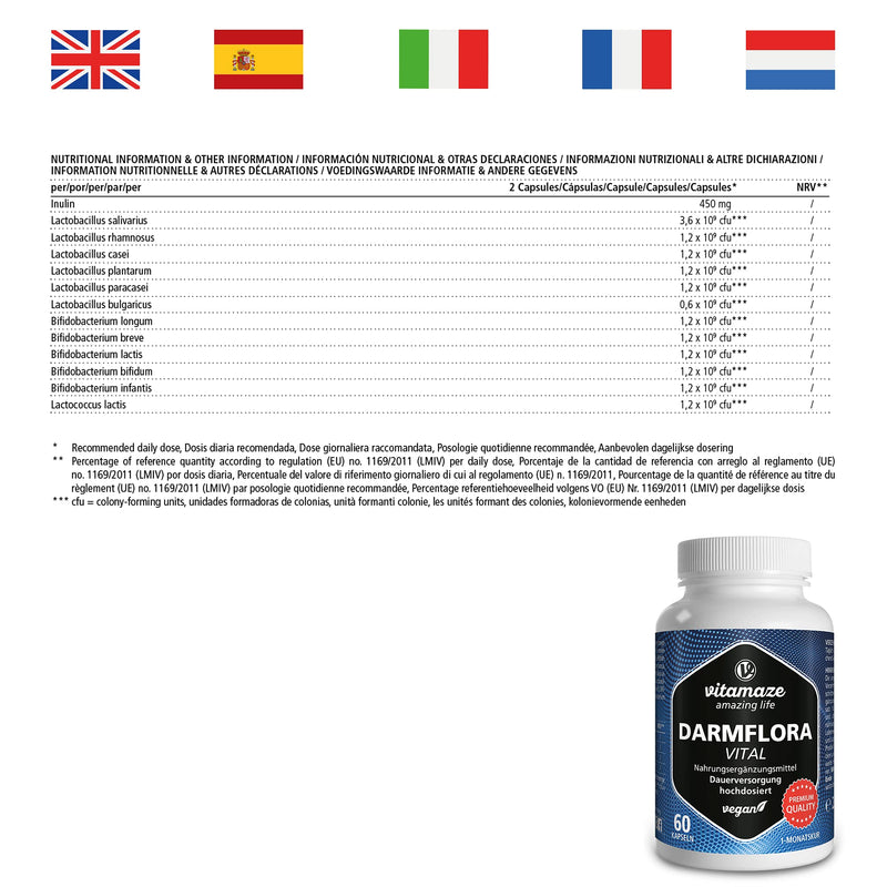 Darmflora Vital capsules, high dosage, enteric-resistant, 60 vegan capsules of probiotics for 1 month of intestinal treatment with 12 active intestinal bacterial cultures + inulin, 16.2 billion CFU per day, Made in Germany - NewNest Australia