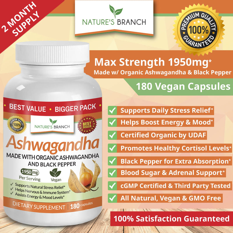 Organic Ashwagandha with Black Pepper - 180 Capsules - 1950mg Maximum Strength for Stress and Mood Support, Sleep, Thyroid, Energy, Hair Pure Root Extract Powder - Vegan Supplements for Men and Women - NewNest Australia