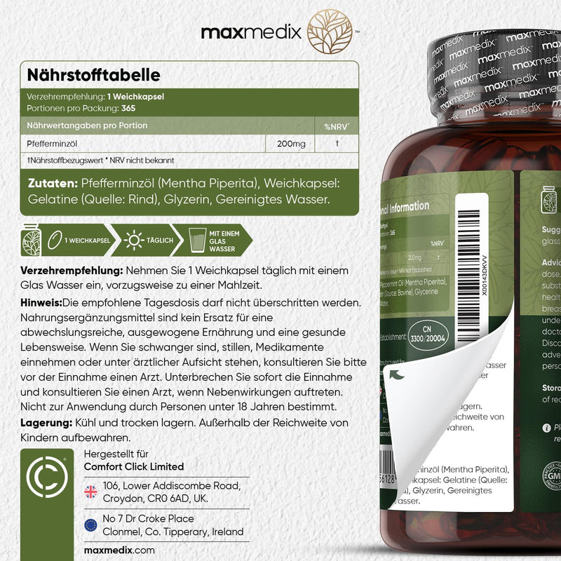 Peppermint oil soft capsules - 200mg peppermint oil per softgel - 365 peppermint oil capsules for 1 year supply - Tested & herbal ingredients - For your well-being - Pure peppermint - maxmedix peppermint oil capsules - NewNest Australia