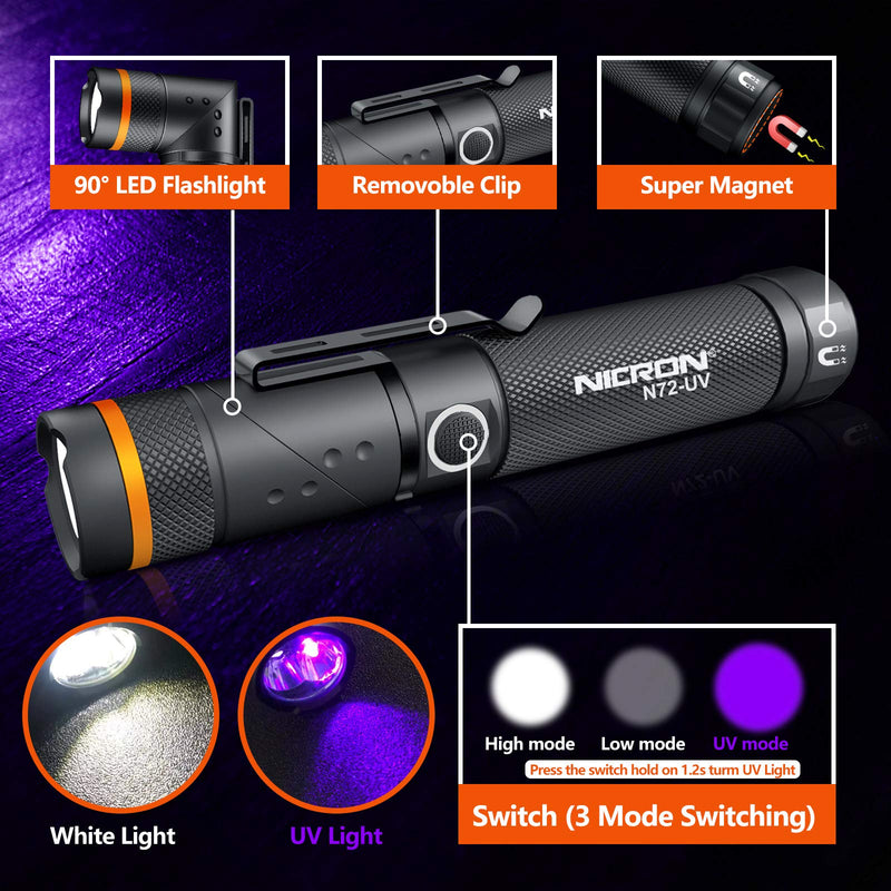 UV Flashlight,NICRON N72-UV 800LM White Light, Freely switch between white light and UV light Detector for Dog Urine, Wet Stains Bed Bugs,Camping, Outdoor,Maintain (18650/AAA Not included) - NewNest Australia