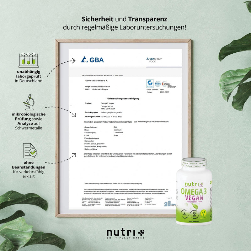 Nutri + Vegan Omega-3 from algae oil - 2000 mg algae oil high dosage with 600 mg DHA & 300 mg EPA - high-quality Omega-3 algae oil capsules (vegan) - laboratory tested - 120 capsules 120 pieces (pack of 1) - NewNest Australia