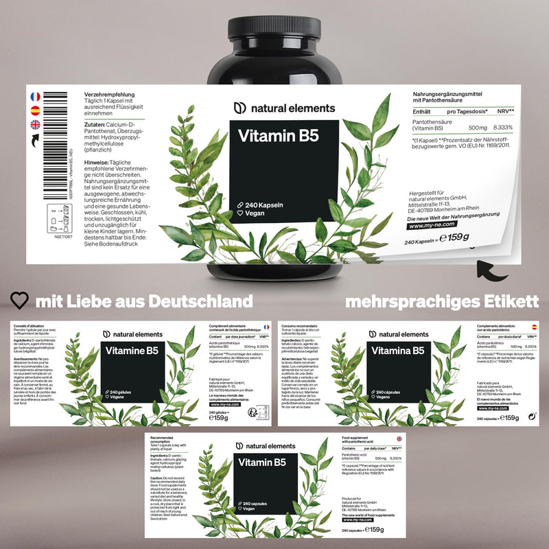 Vitamin B5 - 240 capsules - high dose 500 mg pantothenic acid - vegan - produced in Germany & laboratory tested - NewNest Australia
