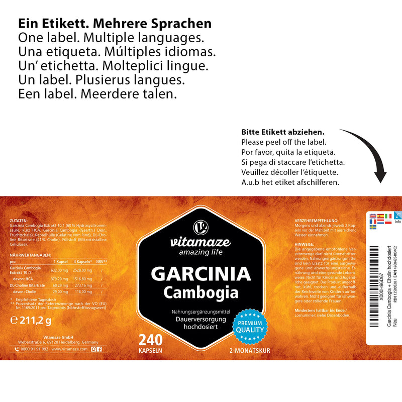 Garcinia Cambogia High-Dosed + Choline, For The Metabolism, Garcinia Extract With 60% Hca From Malabar Tamarins, 240 Capsules For 2 Months, Food Supplement Without Additives, Made In Germany - NewNest Australia