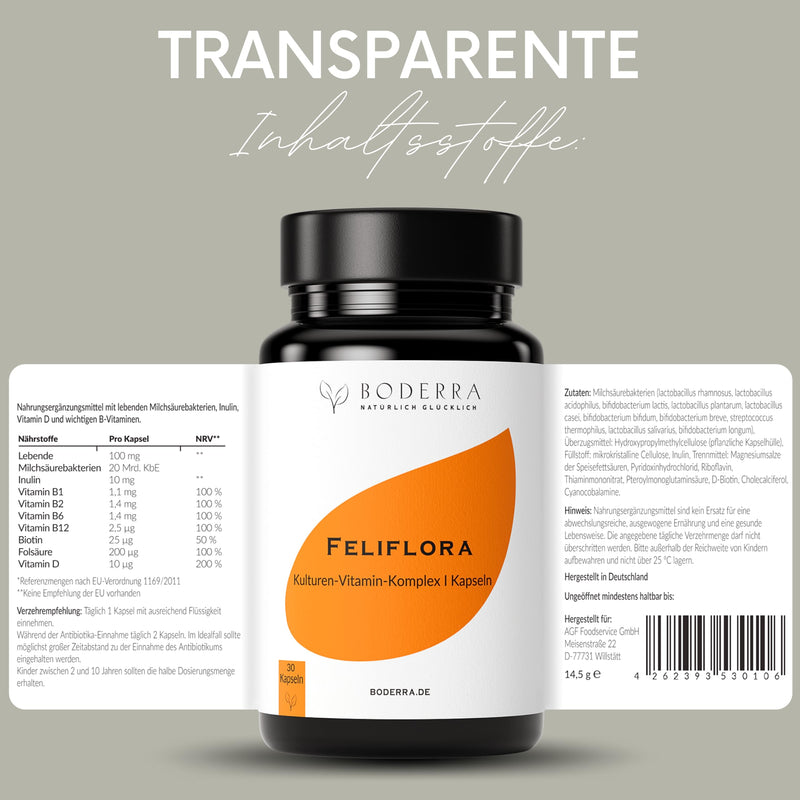 Boderra Feliflora - Culture Complex Vegan - 10 Live Intestinal Bacteria Strains + Inulin, Vitamin D & B Vitamins - Gastroic Juice Resistant Capsules - High Dose - Made & Laboratory Tested In Germany - NewNest Australia