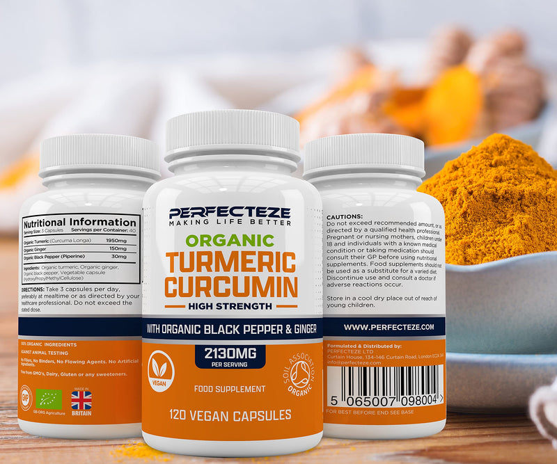 Organic Turmeric Curcumin High Strength and Black Pepper with Ginger 120 Veg Capsules 2130MG Advanced Turmeric with Active Ingredient Curcumin Organic Vegan 120 Capsules (3 Month Supply) - NewNest Australia