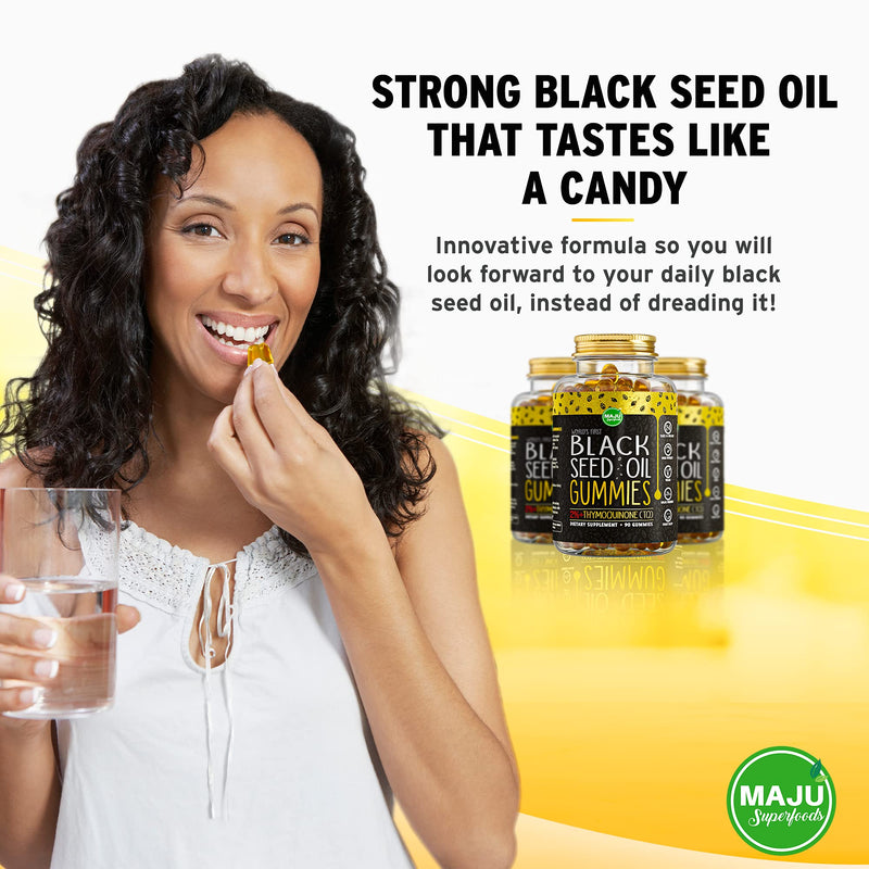 MAJU's Black Seed Oil Gummies - World's First Gummy w/ 2%+ Thymoquinone, Black Cumin Seed Nigella Sativa Oil, Cold-Pressed, Potent Formula with Cinnamon Extract, No Aftertaste - 500mg (90ct) - NewNest Australia
