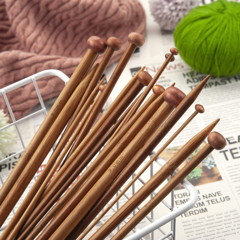 Bamboo Knitting Needles Set for Beginners Adults 9-Inch Single Point, 18 Pairs Straight Wooden Knitting Needles US Size 2-10 (2.0-10.0mm), Wood Knitting Needles for Sweaters, Socks, Gloves - Brown - NewNest Australia