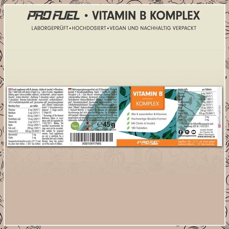 Vitamin B complex, high dose, with B12 - 180 tablets - all 8 B vitamins (B1, B2, B3, B5, B6, B7, B9, B12) with active forms such as Quatrefolic®, co-factors choline and myo inositol, laboratory-tested, vegan - NewNest Australia