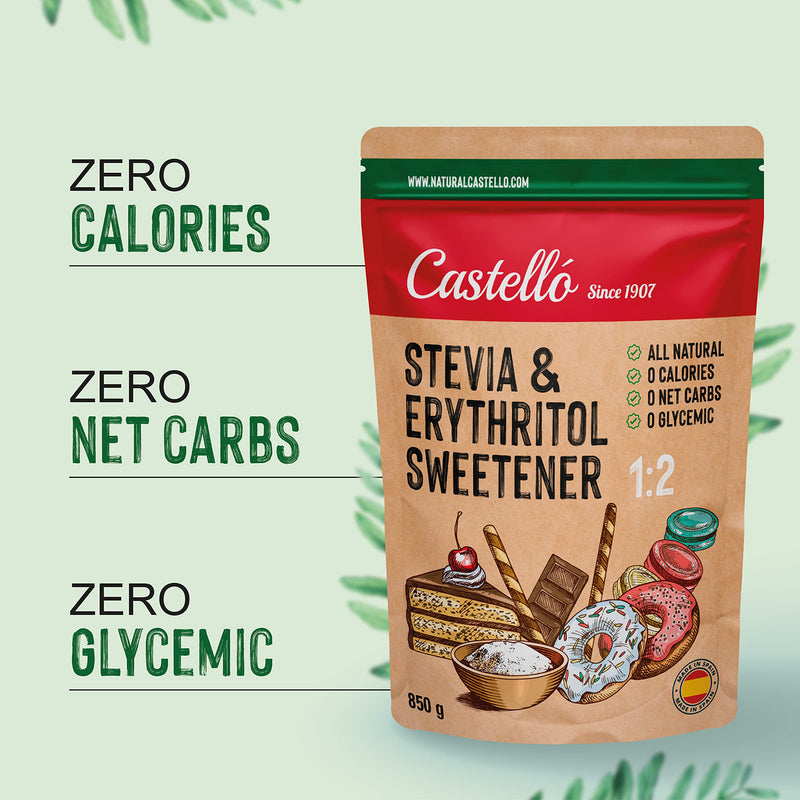 Stevia + Erythritol 1:2 Sweetener | 1G = 2G Sugar | 100% Natural Sugar Substitute - 0 Calories - 0 Glycemic Index - Keto And Paleo - 0 Net Carbs - No Gmo - Castello Since 1907 - 850 G - NewNest Australia
