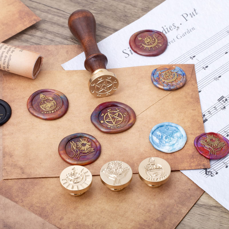 Wiccan Wax Seal Stamp Set, Pagan Pentagram Moon Phases Sealing Stamp Head, Vintage Evil Eye Triple Moon Pentacle and Sun Bottle Pattern Kit with Gift Box for Letter Envelope Witchcraft Invitation Card - NewNest Australia