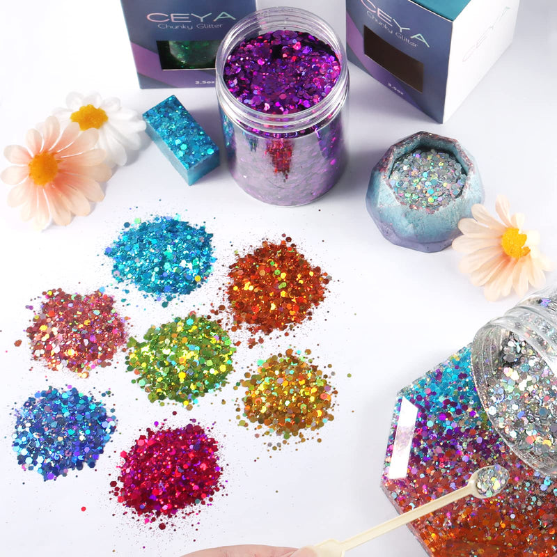 Ceya Holographic Chunky Glitter, 3.5oz/ 100g Black Craft Glitter Powder Mixed Chunky Fine Flakes Iridescent Nail Sequins for Nail Art, Hair, Epoxy Resin, Tumblers, Slime, Painting, Festival Decor - NewNest Australia