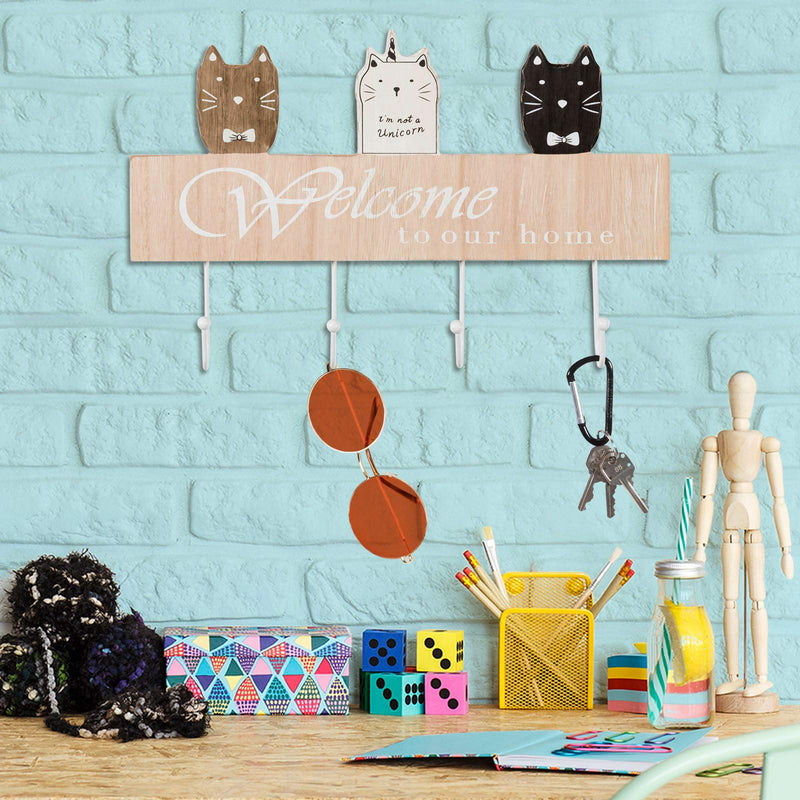 NewNest Australia - Excello Global Products Wall Mounted Coat Rack with 4 Hanging Hooks. 16" Long, Cat Themed, Ready to Hang - EGP-HD-0022 