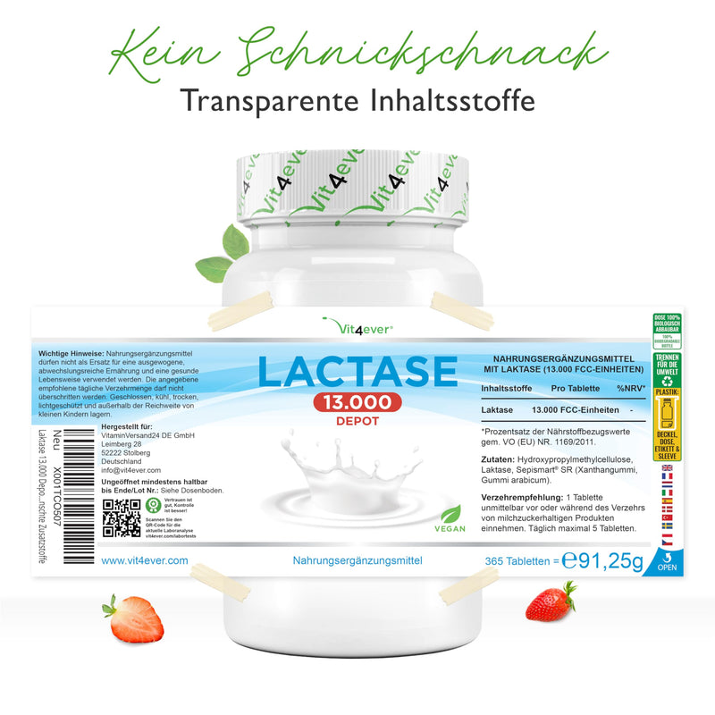 Lactase 13,000 Depot - 365 tablets with depot effect (Sepismart® Slow Release) - High dosage with 13,000 FCC units - For lactose intolerance + milk intolerance - Without unwanted additives - NewNest Australia
