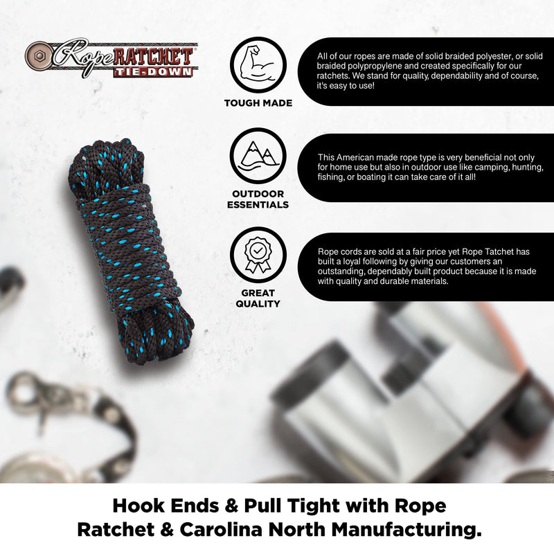 Rope Ratchet 3/8", 50 ft Solid Braided Polypropylene Rope, Heavy Duty, All Purpose, Utility Cord Tie Down Rope for Camping, Tie, Pull, and Knot, Indoor and Outdoor Use - Black with Blue Tracers Black-blue - NewNest Australia